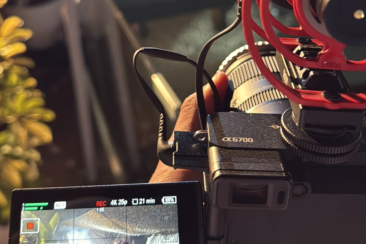 A camera with a red shotgun microphone framing a crowd at a night shoot